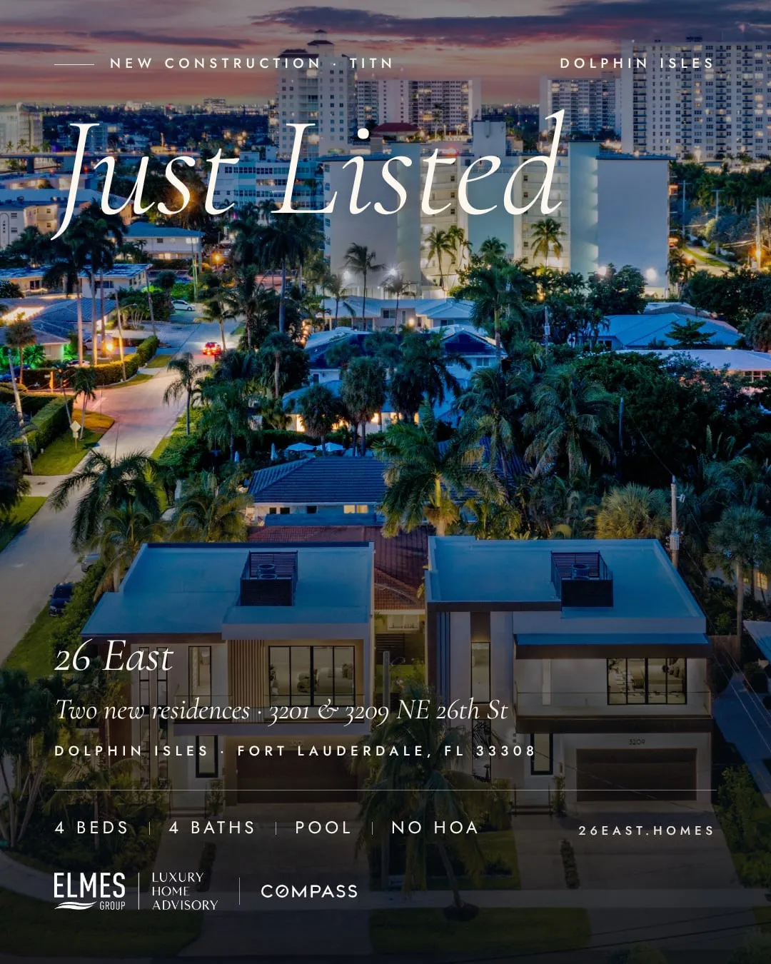 Instagram carousel, slide 1: Just Listed, 26 East, the two homes at twilight