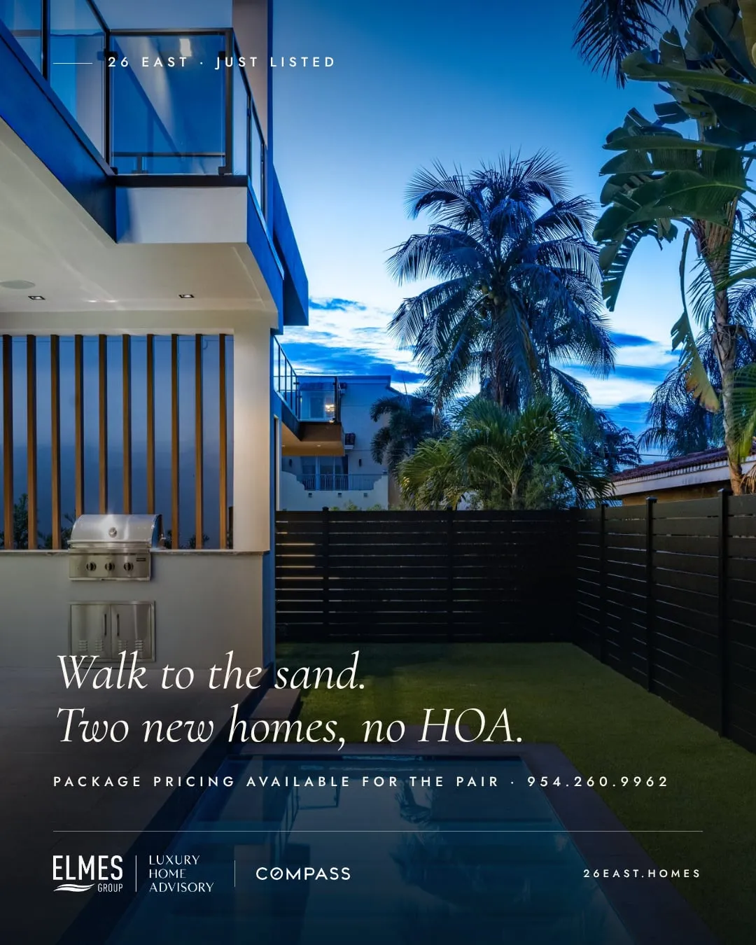 Instagram carousel, last slide: walk to the sand, two new homes, no HOA