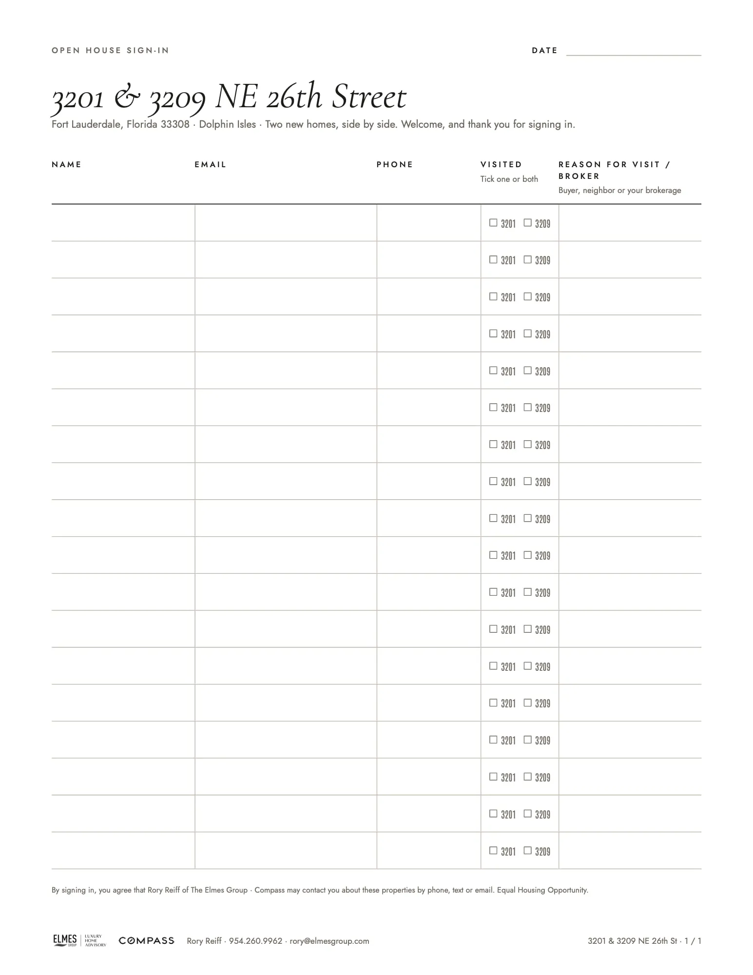 Open-house sign-in sheet covering both homes