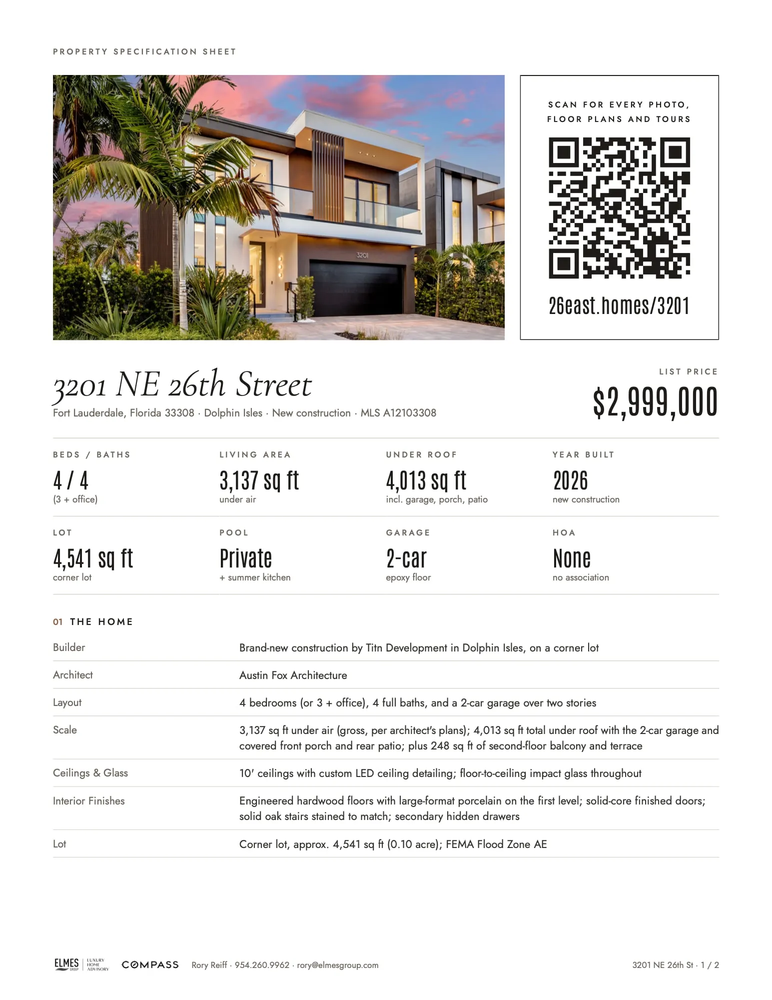 Spec sheet for 3201 NE 26th Street, with a QR code to the website
