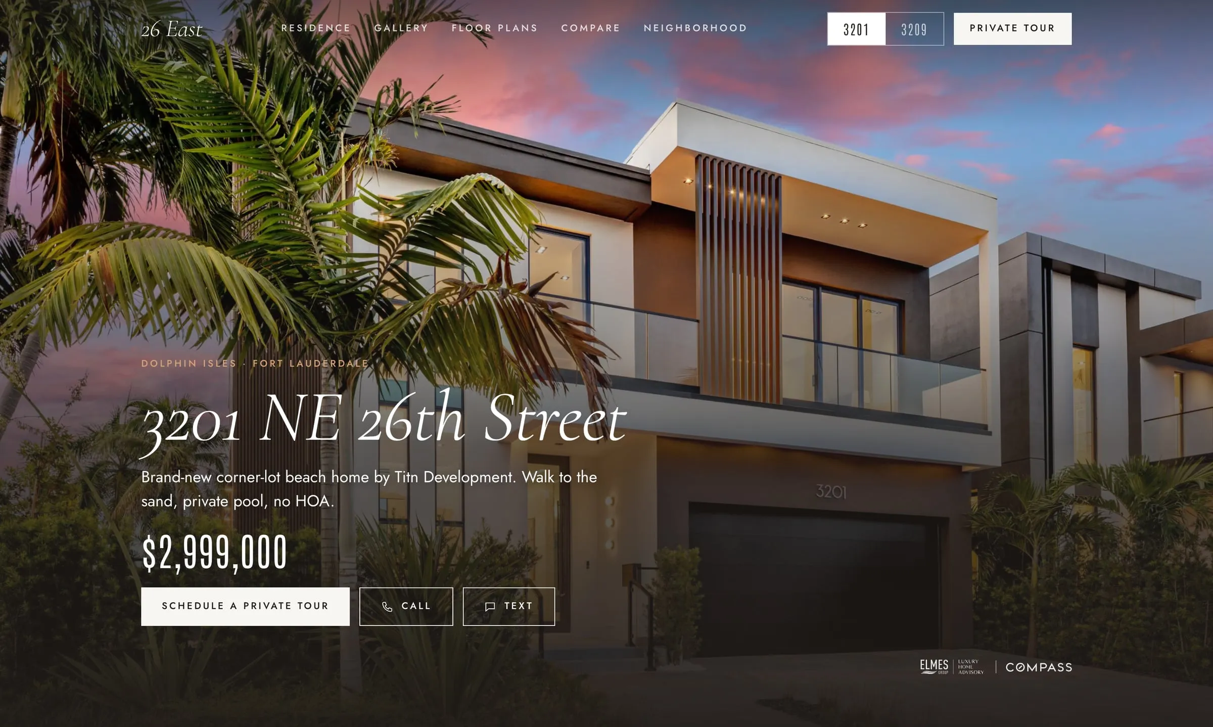 26east.homes on a laptop: the 3201 page, with the home at twilight, its price and tour buttons