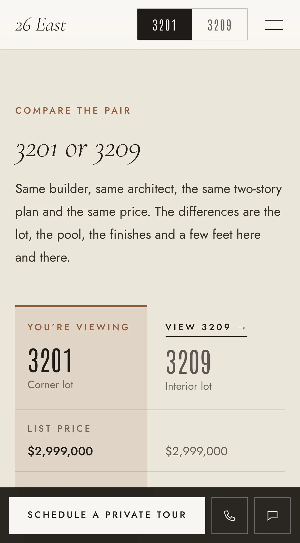 On a phone, the comparison of 3201 and 3209, line by line