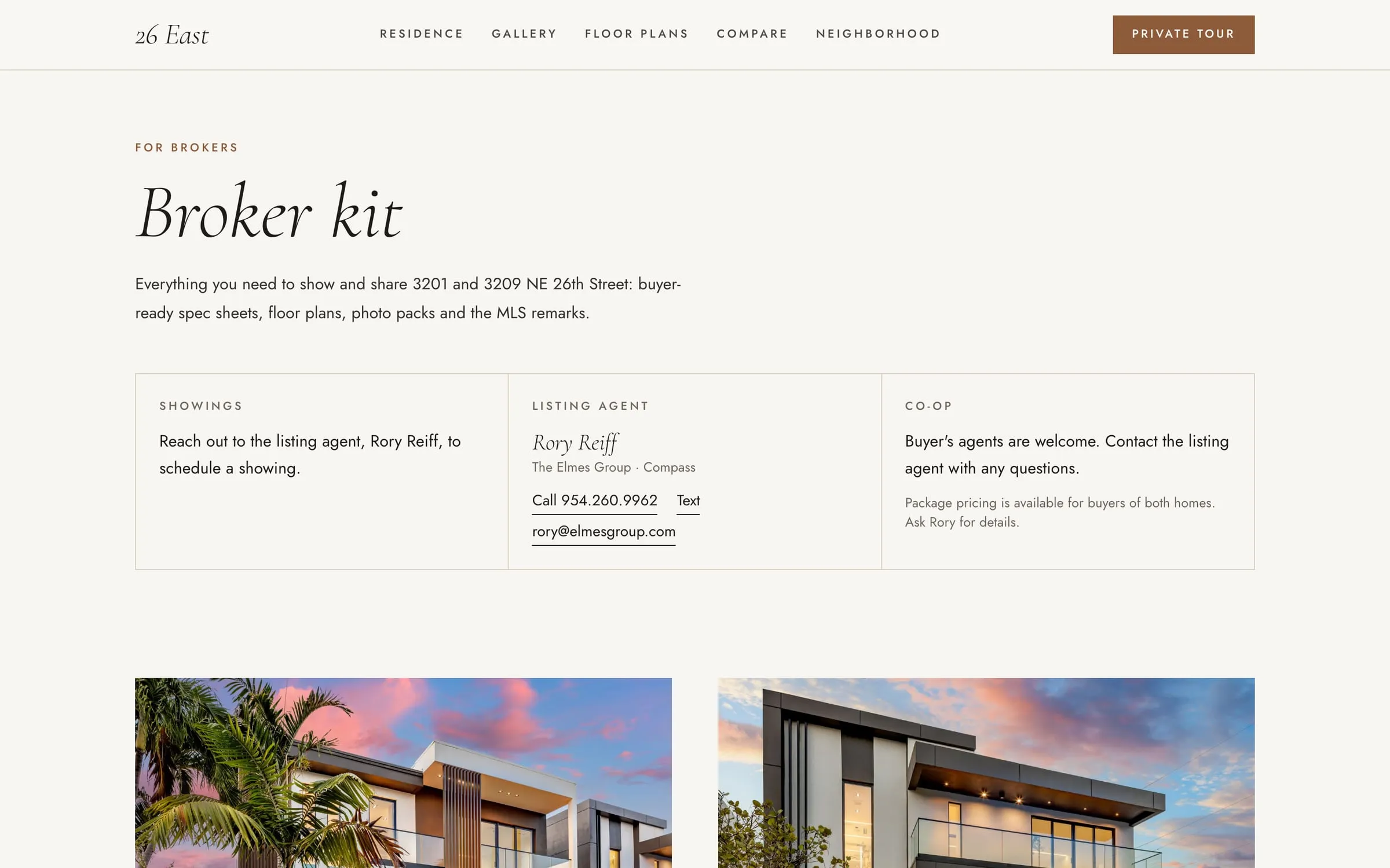 The broker kit page: spec sheets, floor plans, photo packs and MLS remarks for both homes
