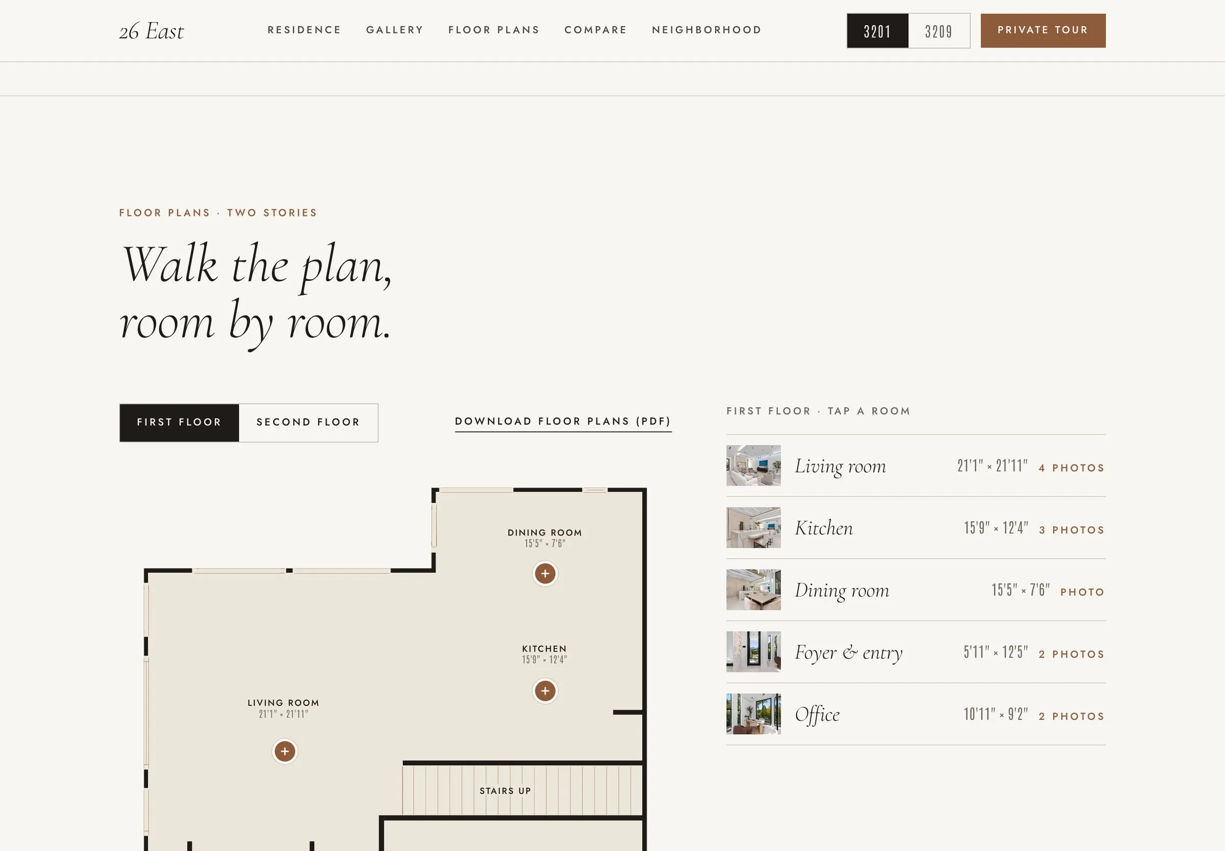 The floor plan explorer: tap a room on the plan to see its photos and size