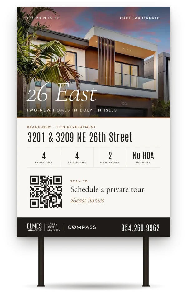 26 East on-site sign: 3201 & 3209 NE 26th Street, QR code to 26east.homes